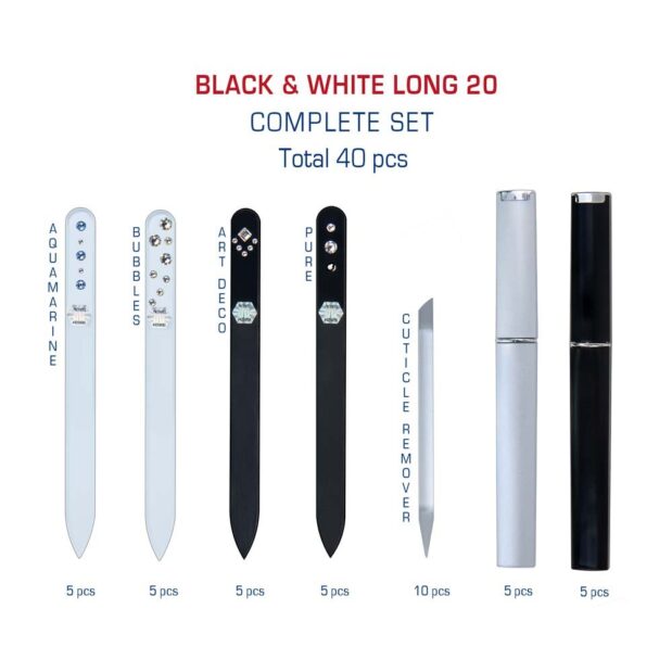 BLACK WHITE Long 20 Complete Set Crystal Nail File by Blazek detail